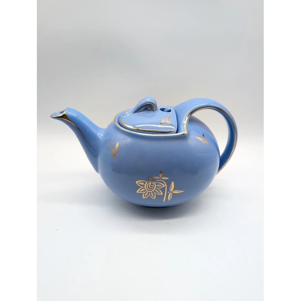 Vintage Hall USA Pottery 0749 Tea Pot Hook Cover Lid Cadet Blue Floral 1940's